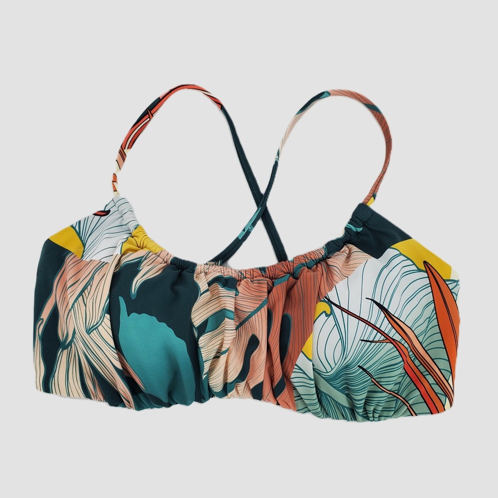 CALIA Womens Small Tropical‎ Floral Ruched Bikini Top Teal Orange Crossback Swim